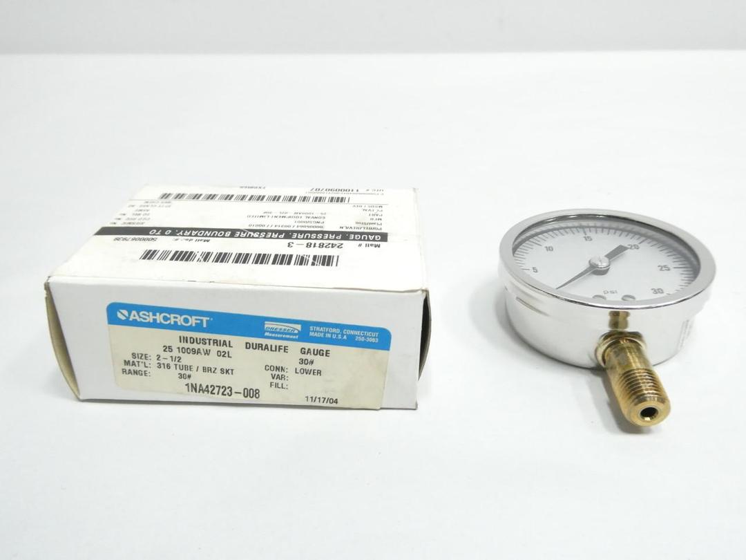 ASHCROFT 25-1009AW-02L-30# PRESSURE GAUGE 2-1/2IN 0-30PSI 1/4IN NPT