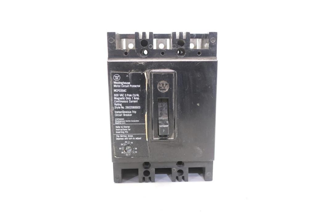 WESTINGHOUSE MCP0358C MOLDED CASE MOTOR CIRCUIT PROTECTOR 3P 7A AMP 600V-AC