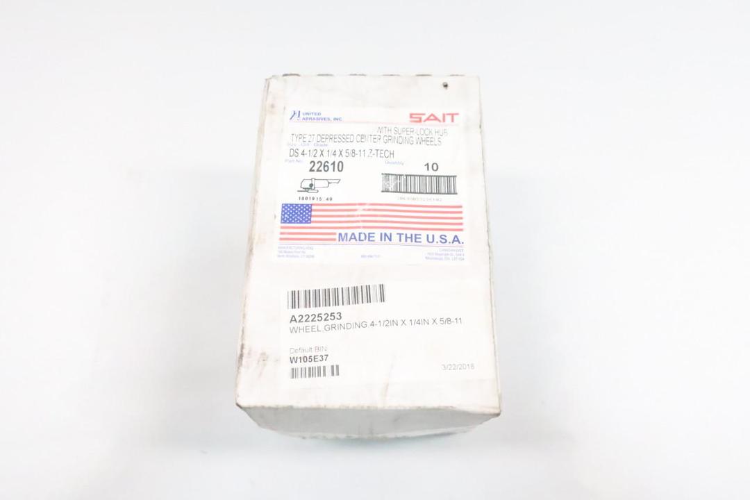 BOX OF 10 UNITED ABRASIVES 22610 SAIT TYPE 27 GRINDING WHEEL 4-1/2IN 1/4IN 5/8IN