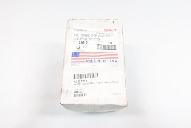 BOX OF 10 UNITED ABRASIVES 22610 SAIT TYPE 27 GRINDING WHEEL 4-1/2IN 1/4IN 5/8IN