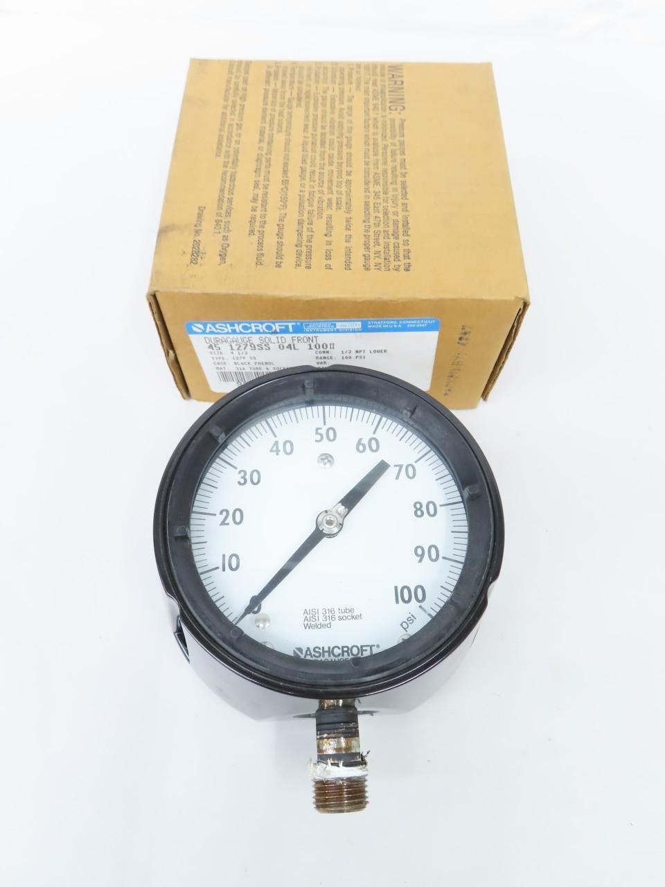 ASHCROFT 45-1279-SS-04L-100# PRESSURE GAUGE 4-1/2IN 1/2IN NPT 0-100PSI