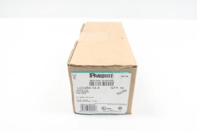 BOX OF 10 PANDUIT LCC250-12-X LONG BARREL TWO HOLE COPPER LUG 250KCMIL