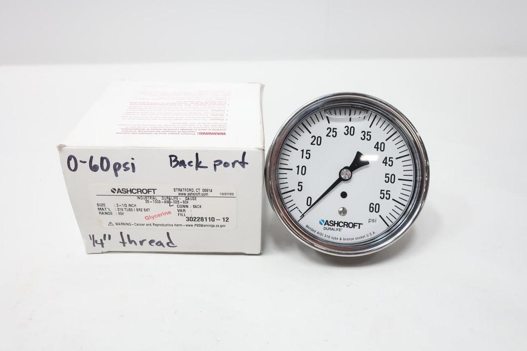 ASHCROFT 35-1009-AWL-02B-60 PRESSURE GAUGE 3-1/2IN 1/4IN NPT 0-60PSI