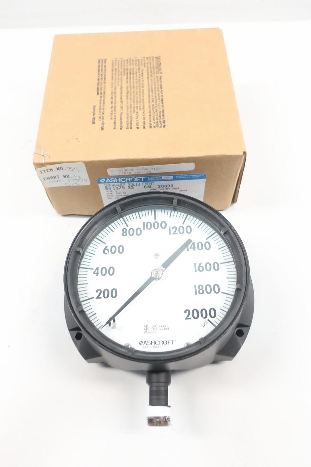 ASHCROFT 60-1379-SS-04L-2000 PRESSURE GAUGE 0-2000PSI 6IN 1/2IN NPT
