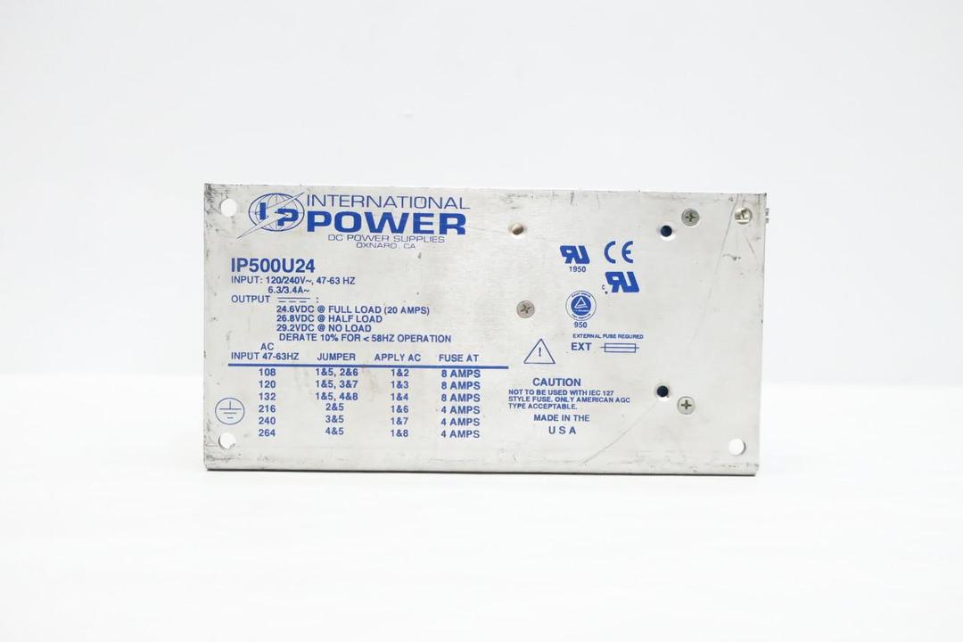INTERNATIONAL POWER IP500U24 POWER SUPPLY 120/240V-AC 20A AMP 24.6V-DC