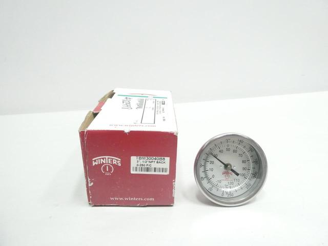 WINTERS TBM30040B8 BIMETAL THERMOMETER 3IN 4IN 0-250F 1/2IN NPT