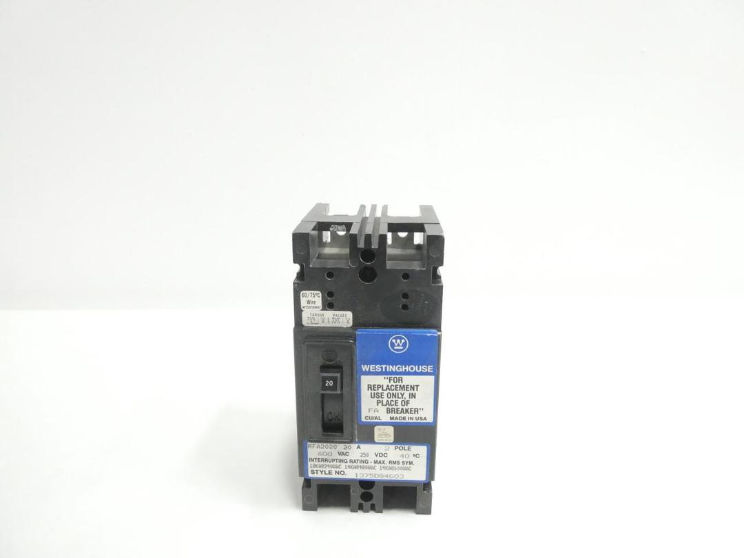 WESTINGHOUSE RFA2020 MOLDED CASE CIRCUIT BREAKER 2P 20A AMP 600V-AC