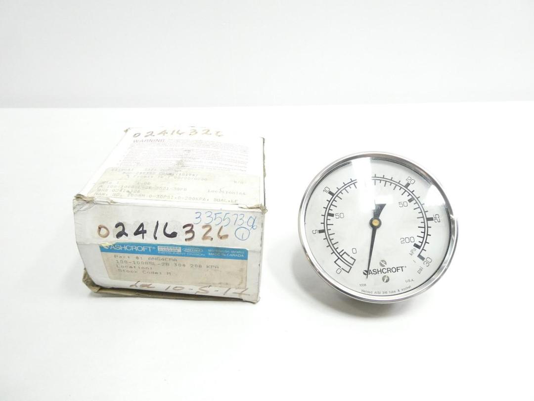 ASHCROFT 100-1008SL-2B-30#/200KPA PRESSURE GAUGE 100MM 0-30PSI 1/4IN NPT