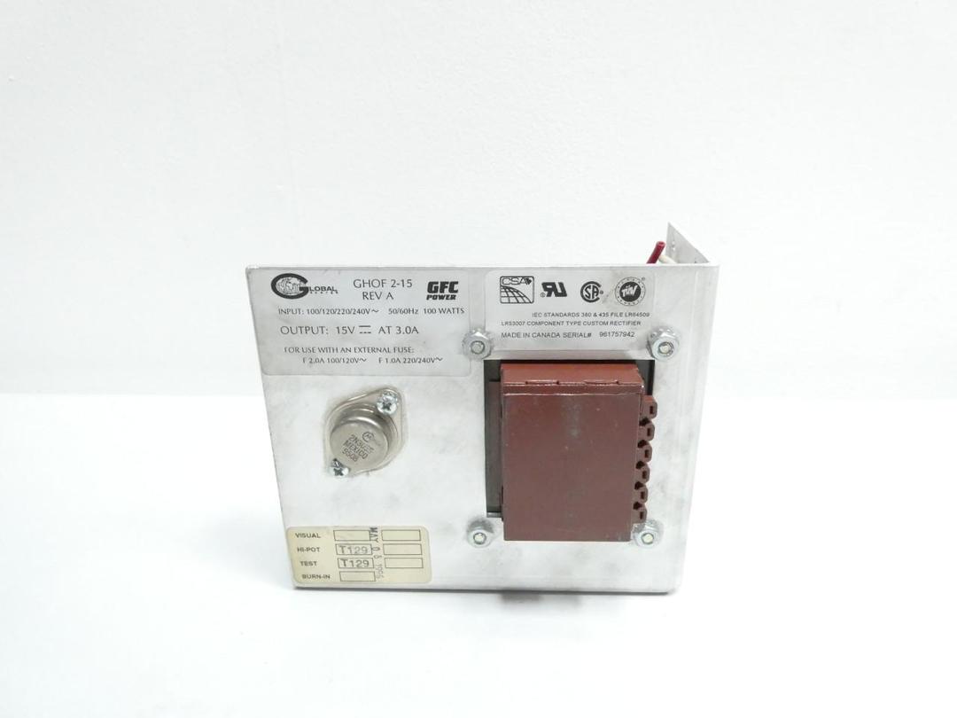 GLOBAL GHOF 2-15 POWER SUPPLY 100/120/220/240V-AC 3A AMP 15V-DC 100W